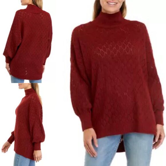 Wonderly Women's Long Sleeve Pointelle Mock Neck Tunic Sweater Red Size M - NWT - Picture 2 of 11